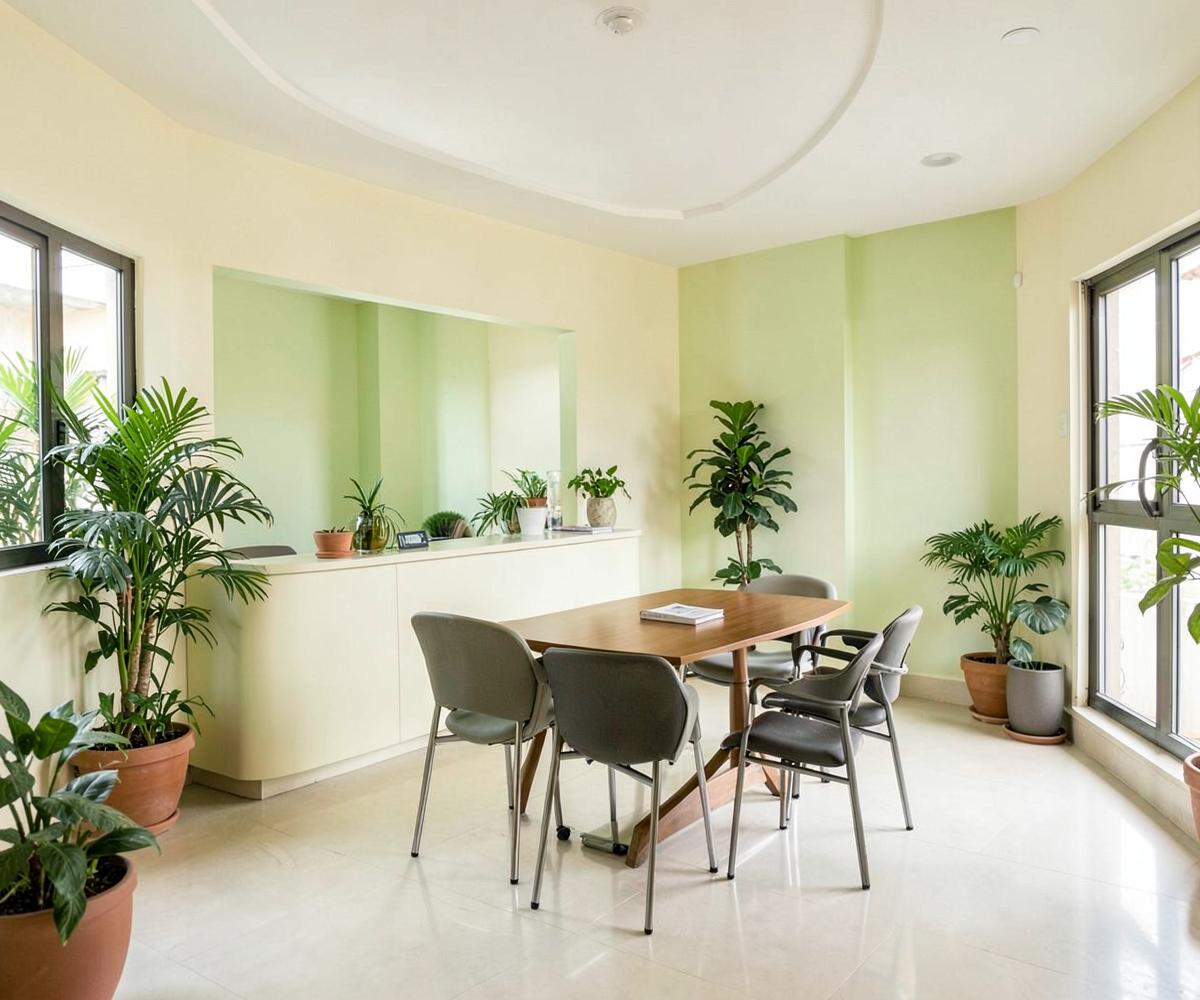 Calm consultancy meeting room with plants and natural light