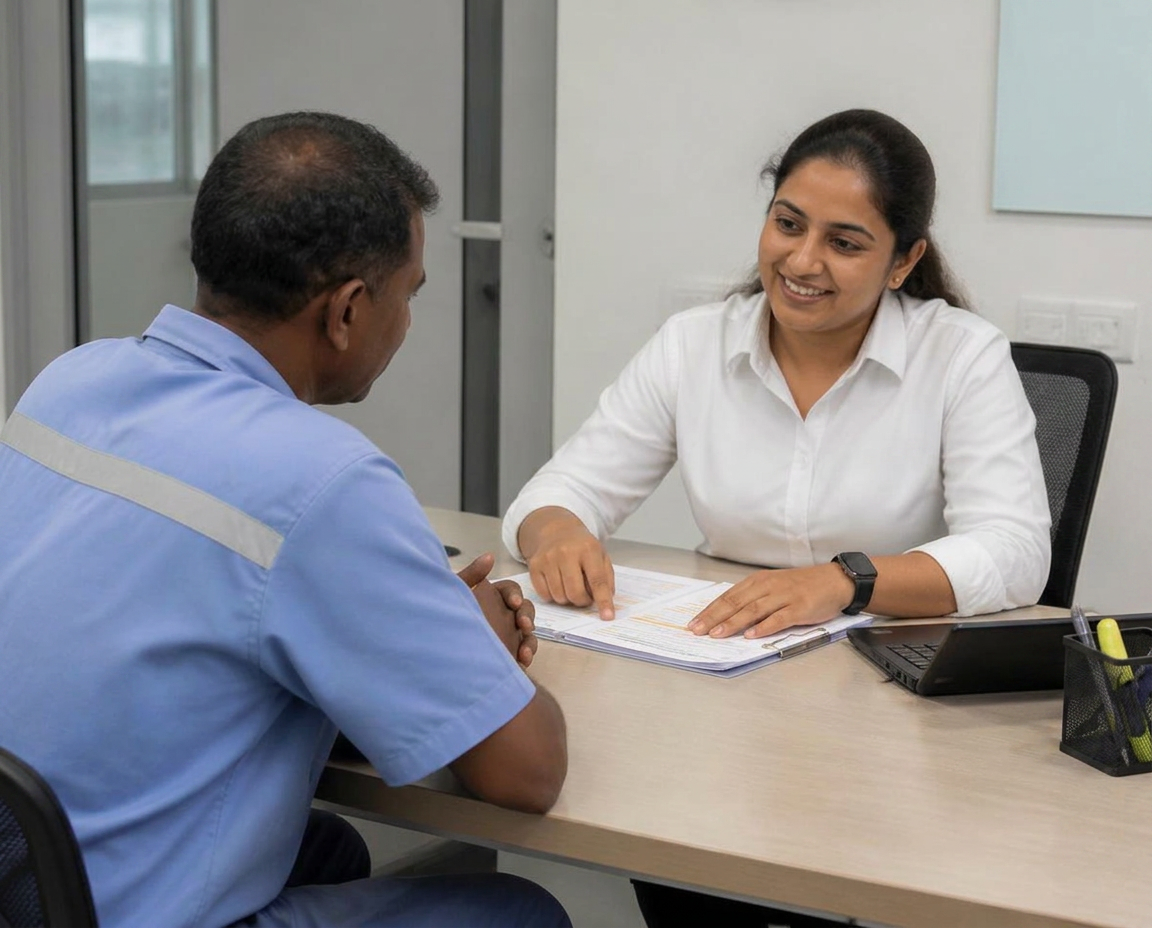 Consultant helping an employee with PF paperwork across an office desk