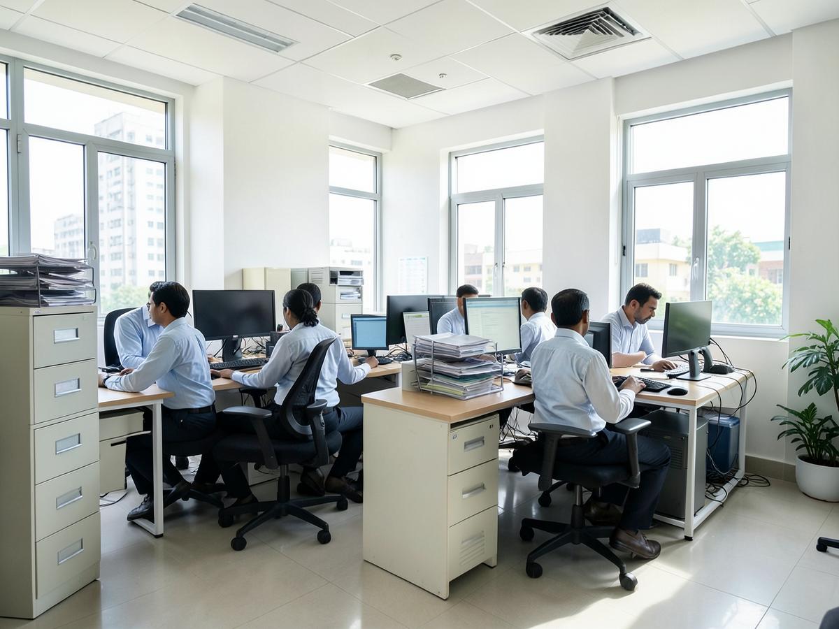 College administrative office with staff working at computers