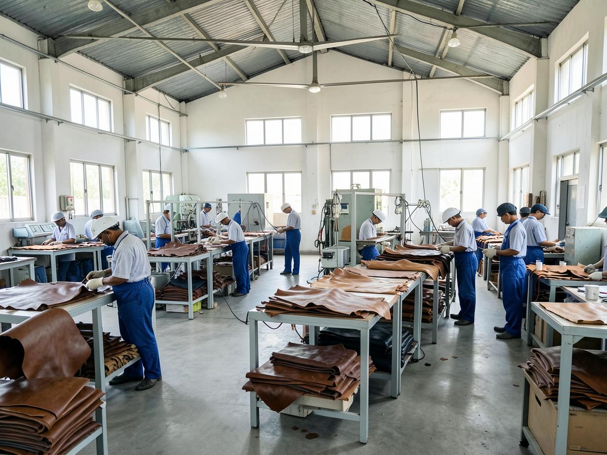 Workers processing leather hides in a clean, organized manufacturing facility