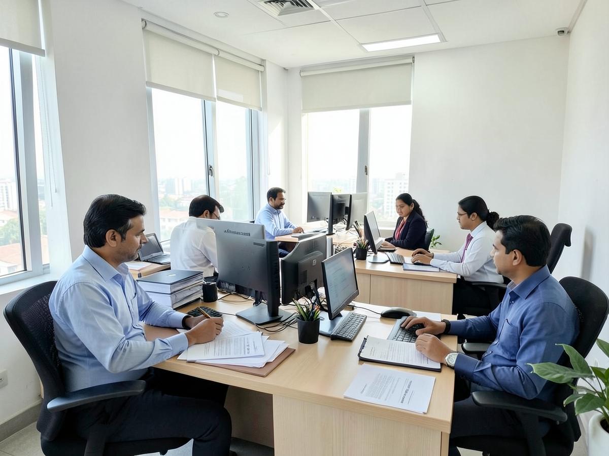 Small business office with staff working on paperwork