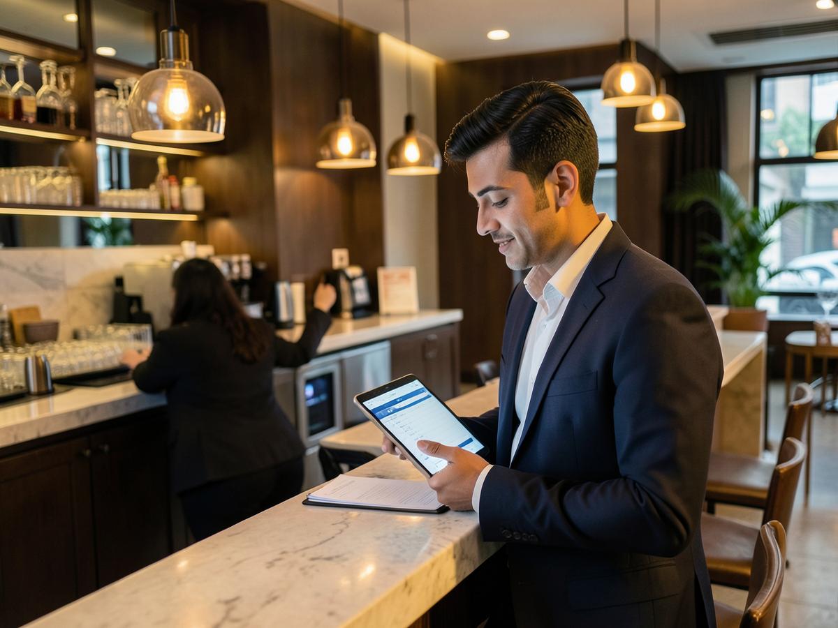 Restaurant manager reviewing staff schedules on a tablet