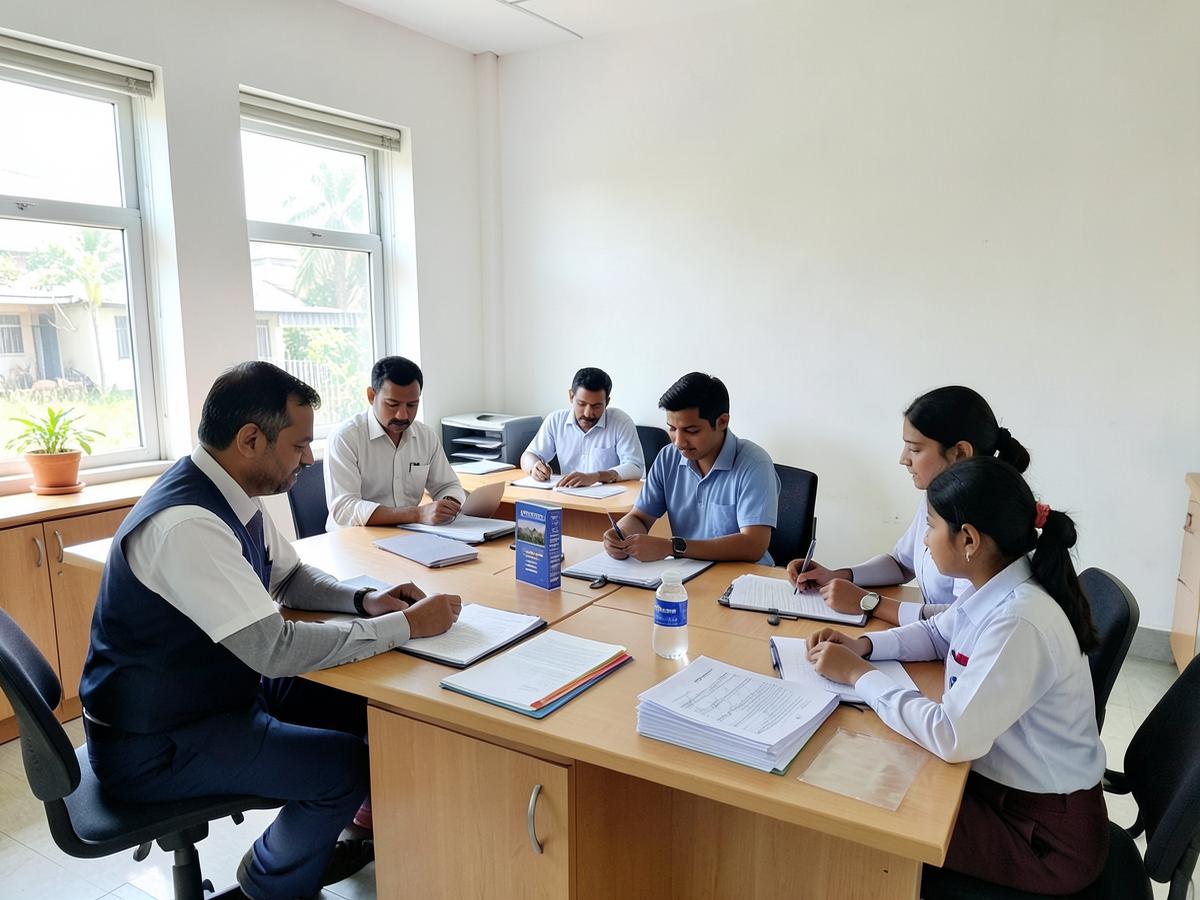 School administration staff working with employee records in an office