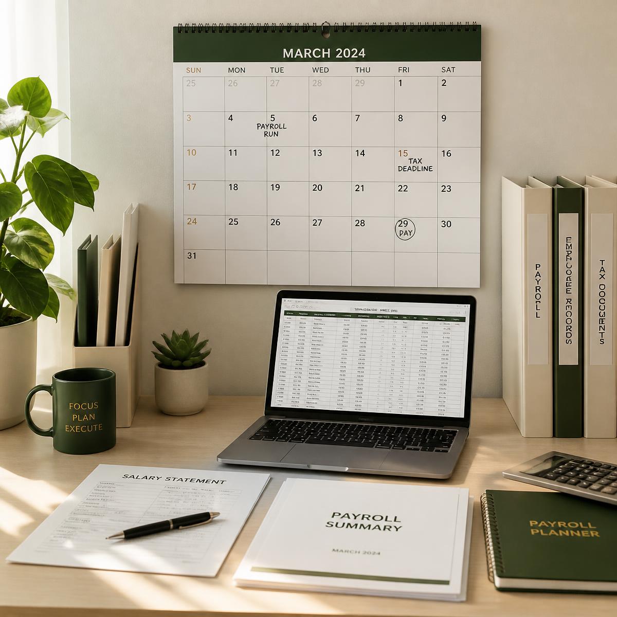 Payroll calendar, laptop with a salary spreadsheet and printed payroll documents on a desk